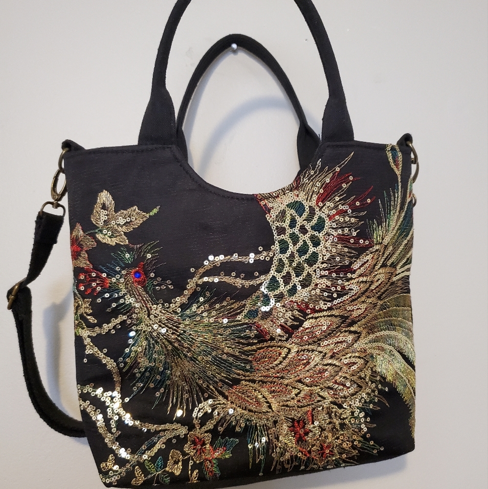 Black peacock bag with pretty sequins and embroidery.